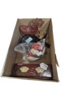 Sundry Chinese and Japanese objects to include a lacquered box and a pair of silk bound feet shoes