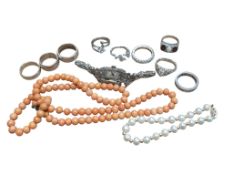 A collection of jewels, comprising: a 6.5mm coral bead necklace, length 58cm, gross weight