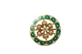 A yellow metal, two colour enamel and split pearl cluster set circular brooch, unmarked, diameter