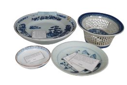 Chinese blue and white porcelain, comprising a large dish with garden and floral decoration; a plate