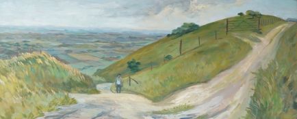 Rosalie Williams (1925-2024), ‘Plumpton Bostle’, monogrammed, oil on board, 31 x 74cm
