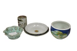 Six pieces of Chinese porcelain to include a famille verte jardiniere, celadon bowl and a swatow
