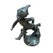 A 1930s chromed bronze car mascot, running boy in boots, signed A Renevey, 14cm