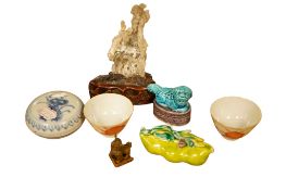 A pair of miniature Chinese porcelain teabowls, a Binn Thuam Vietnam pot and cover and four other