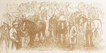 After Aneurin Jones (Welsh, b.1930), figures and horses, monoprint, 19 x 36cm