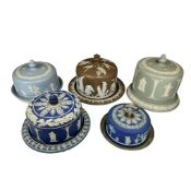Five Victorian Wedgewood jasperware cheese dishes, largest 32cm in diameter