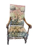 A Louis XIV style walnut tapestry upholstered elbow chair, width 63cm, depth 72cm, height 116cm