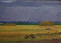 Russian School, rural landscape, cornfields, signed in Cyrillic, oil on board, 33 x 45cm