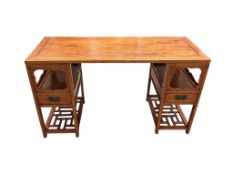 A 19th century Chinese elm painted desk, width 149cm, depth 60cm, height 84cm and a similar lamp