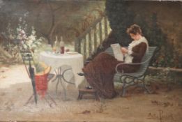 Antoine Louis Perret (French, 1843-1889?) Study of a woman, seated in a park, signed, stamp verso,