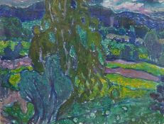Russian School, abstract landscape, signed in Cyrillic, oil with impasto, 46 x 60cm