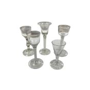 Two 18th century opaque twist cordial glasses and 3 other cordial glasses, tallest 15cm
