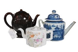 Three Chinese teapots, comprising a brown-glazed circular teapot; a famille rose teapot decorated