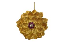 A 1960's 18ct gold, ruby and diamond cluster set flower head brooch, diameter 32mm, with safety