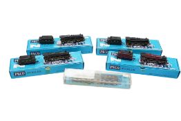 Five boxed Peco N gauge railway Jubilee Class 4-6-0 tender locomotives; LMS 5713, LMS 5593, LMS