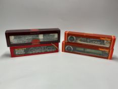 Four boxed Hornby Railways 00 gauge locomotives; a West Country class (R265), a Battle of Britain