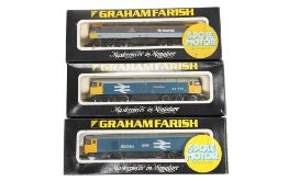 Three boxed Graham Farish N gauge railway BR diesel locomotives; a class 50, Vanguard 50 024 (8409),