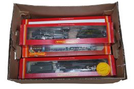 Four boxed Hornby 00 gauge tender locomotives; a BR Britannia class, an SR West country class (