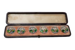 A cased set of six Edwardian silver and enamel buttons, by Reynolds & Westwood, Birmingham, 1901,