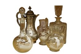 Three pieces of Victorian ’Mary Gregory’ glassware, a Victorian Elkington silver plated water pot