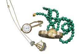 A gilt white metal and two colour enamel pendant, modelled as a three masted ship, 50mm, on a gilt