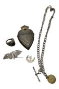 A Scandinavian white metal Hovedandgof heart spice box, 72mm, a silver double curb link albert,