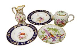 A Chelsea style fantastic bird porcelain teapot, (spout chipped), a similar dish, a Coalport