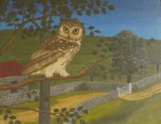 Bernard Carter (1920-2014), owl in a landscape, signed, oil on board, 27 x 34cmProvenance - the