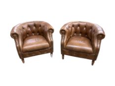 A pair of Alexander James buttoned tan leather tub chairs, width 87cm, depth 58cm, height 75cm