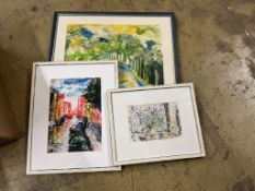 A collection of various watercolours and prints to include a linocut, ‘Sunshine Tiger’, a still life