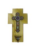 A champleve enamel and green onyx holy water font, 22cm high