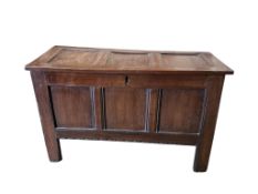 An 18th century panelled oak coffer, width 109cm, depth 46cm, height 67cm