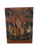 A needlepoint tapestry of a medieval scene, ‘The Hearing’, 106 x 76cm