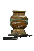 A Japanese cloisonné square koro decorated with cranes on a gilt and turquoise ground, 11 cm high; a