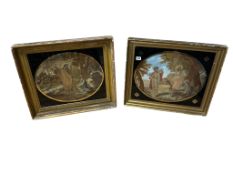 Two George III silk work embroidered pictures ‘Flight into Egypt and 'Not me Tangiers’, each with
