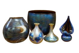 Siddy Langley, five iridescent glass vases, largest 16cm high