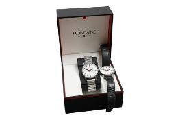Two Mondaine Swiss Railways quartz wrist watches, ones with leather strap, the other flexible steel,