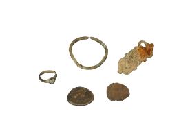 Roman interest: a clasp, a bangle, a ring, and two bronze coins. (5)