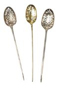 Three 18th century mote spoons, two with indistinct base mark silver hallmarks, one maker possibly