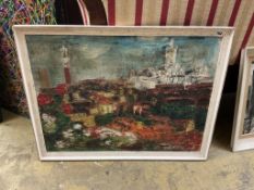 Contemporary, abstract landscape with buildings, oil with impasto on board, 59 x 79cm