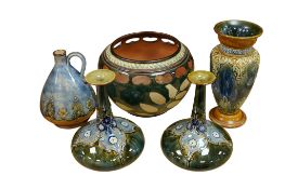 Doulton Lambeth tube lined stonewares comprising a pair of bottle vases, height 18cm, a similar