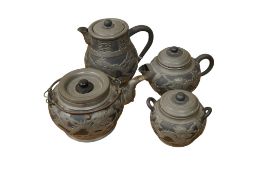 A Chinese pewter mounted earthenware four piece teaset, teapot, 19cm wide