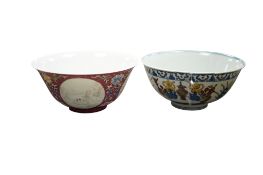 A Chinese porcelain ruby ground medallion bowl and a wucai bowl (repaired), largest 16cm in
