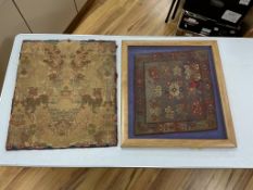 A rare Turkish needlepoint panel and an early brocade panel, one framed, overall 51 x 56cm