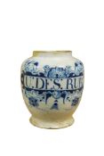 A mid 18th century English delftware blue and white drug jar ‘U Des Rub’ height 17cm.
