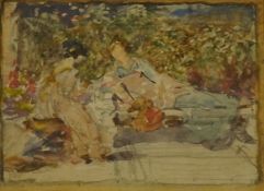 20th century, two women before flowers, unsigned, watercolour, 8 x 10cm