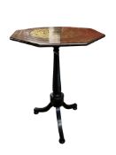 A George IV octagonal mahogany and boulle inlaid mahogany tripod table, associated top, 49cm, height