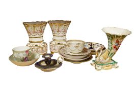 A pair of early 19th century English porcelain vases, an English porcelain cornucopia vase a Daniell