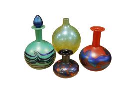 Siddy Langley, three irridescent glass vases and an oversized scent bottle and stopper, largest 22cm