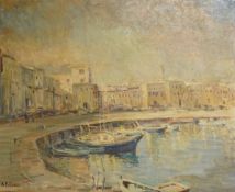 A. M. Carr, ‘Harbour, Cyprus’, signed, details verso, oil on board, 39 x 49cmProvenance - the estate
